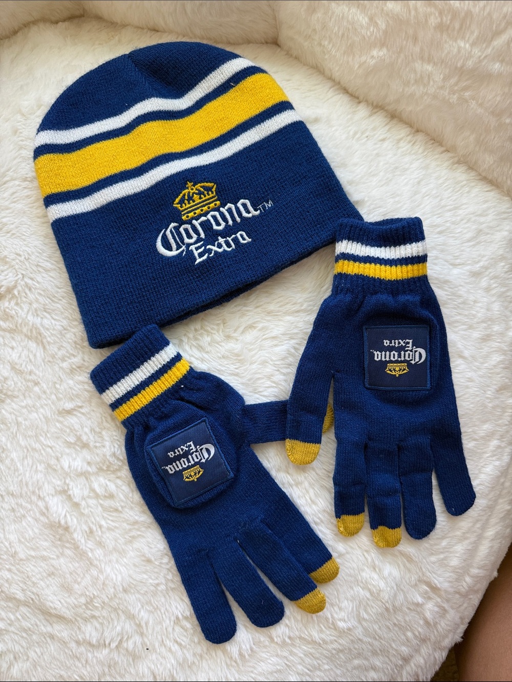 Corona Beer winter hat gloves blue gold yellow navy drink alcohol